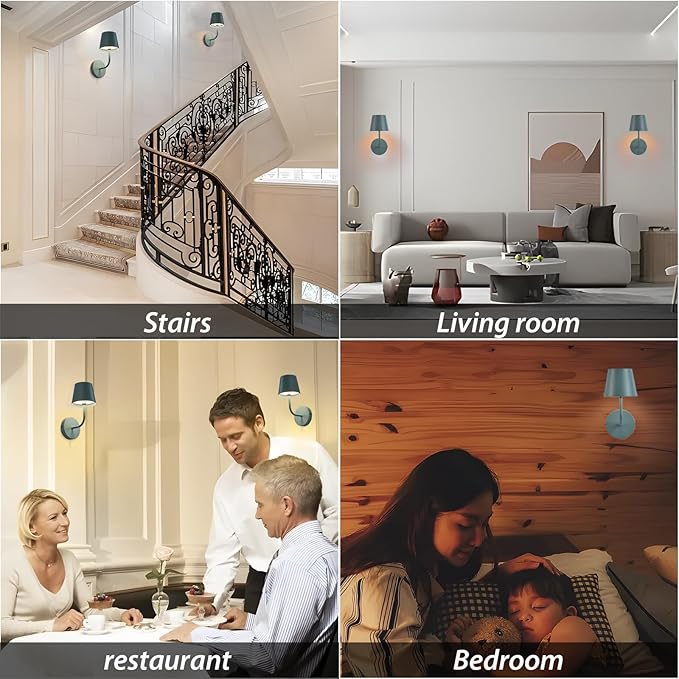 IMQSQIK LED Wireless Wall Lamp Set of 2, with 5600mAh Rechargeable Battery Powered Wall Sconces, Touch for Remote Control Infinite Dimming Be Used for Bedroom Mirror Living Room Wall Painting(Blue)