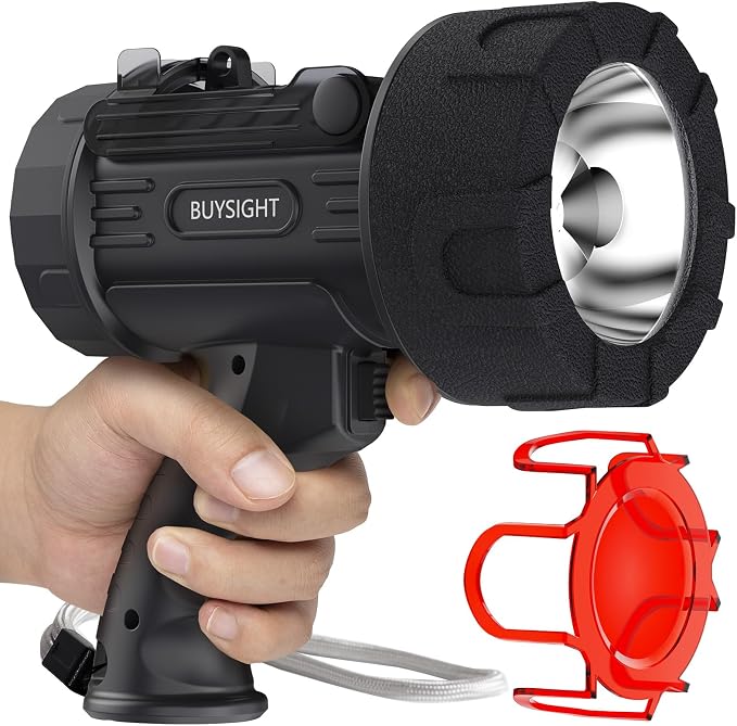 BUYSIGHT Rechargeable Spotlight Flashlight, Ture 1500 Lumens Hand held Spotlight Waterproof Flashlight Hunting Lamp with red Filter (Graphite Black)