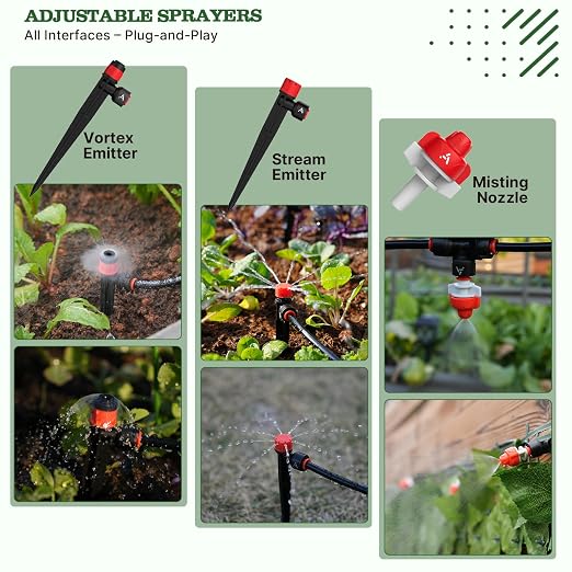 A ANLEOLIFE 230FT Drip Irrigation System Kit, Complete Garden Watering System with 1/2” & 1/4” Quick-Connect Tubing, 32 Adjustable Emitters for Raised Beds, Lawn, Greenhouse, Potted Plants