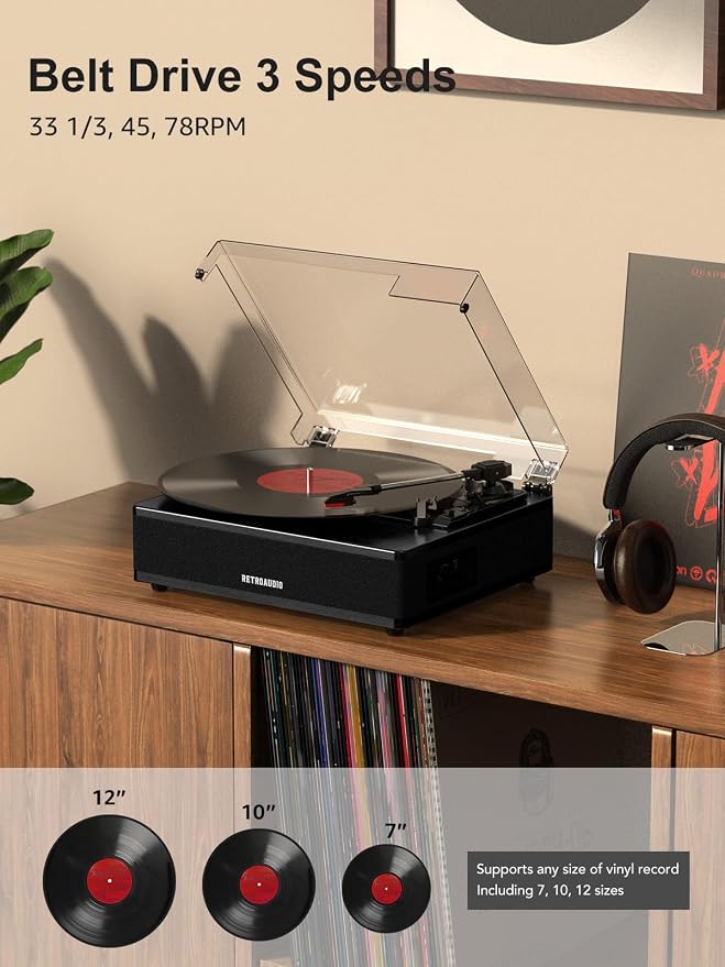 Vinyl Record Player with Built-in Speakers 3-Speed Support 33 1/3, 45, 78RPM Vintage Record Player Bluetooth Input Support RCA Output, Black