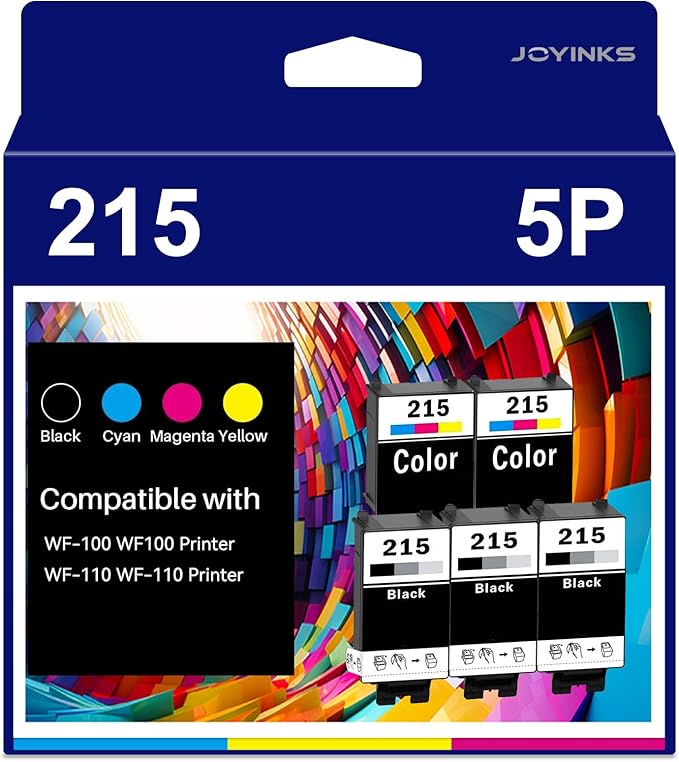 5-Pack 215 Ink Cartridges Remanufactured Replacement for WF-100 WF-110 EC-C110 Printer (3-Black 2-Tri-Color)