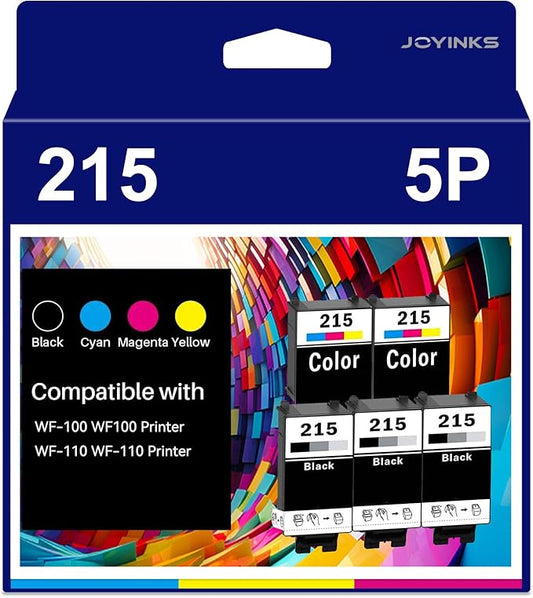 5-Pack 215 Ink Cartridges Remanufactured Replacement for WF-100 WF-110 EC-C110 Printer (3-Black 2-Tri-Color)