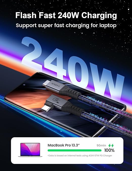 XAOSUN Short USB 4 Cable 0.98FT for USB C Thunderbolt 4 Cable, 240W Right Angle Fast Charging 90 Degree with 40Gbps Data and 8K Video,Compatible with MacBook, iPhone 16 15, iPad, SSD, Dock