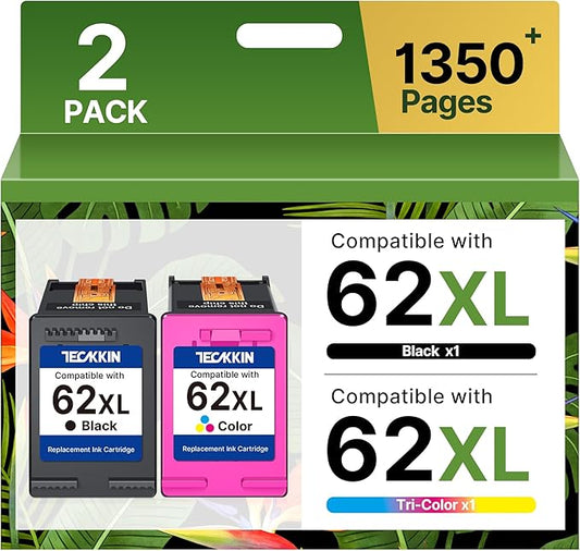 TECKKIN 62 Ink Cartridge Replacement for HP Ink 62 HP 62 62XL Works with Envy 5540 5549 5640 5660 7640 7645 OfficeJet Mobile 250 200 OfficeJet 5740 5741 8040 Printer (2 Pack)