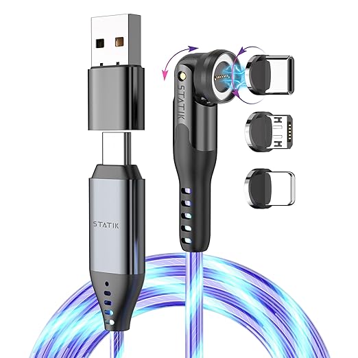 Statik 360 Pro Magnetic Charging Cable - Type C Charger Fast Charging 3 in 1 USB C to USB C Cable, Micro USB & iProduct Tips, USB A Adapter, Fits All Devices - 100W Fast Charger, GloBright 6FT/2M