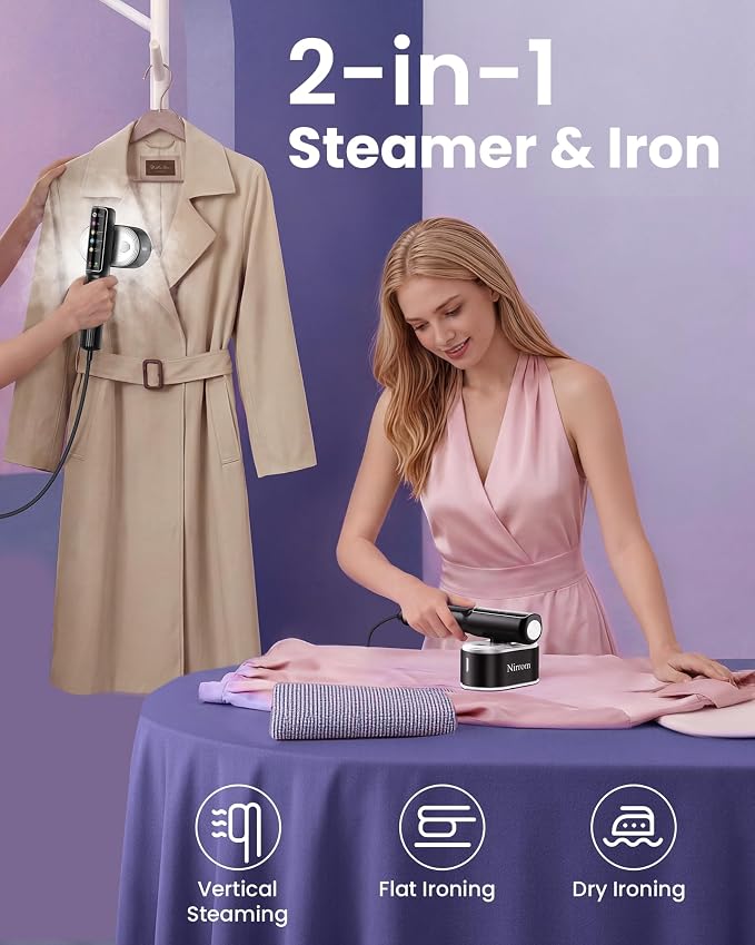 Travel Steamer for Clothes, 110-240V Dual Voltage, 1200W Fast Heat in 15s, Portable Handheld Garment Steamer & Iron 2 in 1 with 140ml Tank & 5 Fabric Settings for Business, Global and Europe