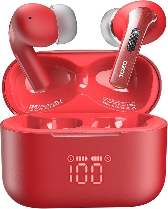 TOZO T20 Wireless Earbuds, Bluetooth 5.3 Headphones with 97H Playtime, IPX8 Waterproof, Dual Mic ENC Call Noise Cancelling, Deep Bass Sound, LED Display, Wireless Charging Case
