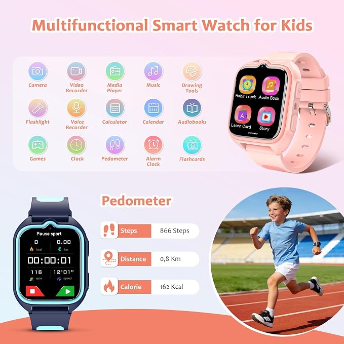 Blackview Kids Smart Watch with 32 Puzzle Games, HD Camera & Video Recording, 1.75" Touch Screen, Flashlight,Music Player, Pedometer, Alarm Clock,Stopwatch,Kids Watch for Girls Ages 4-12