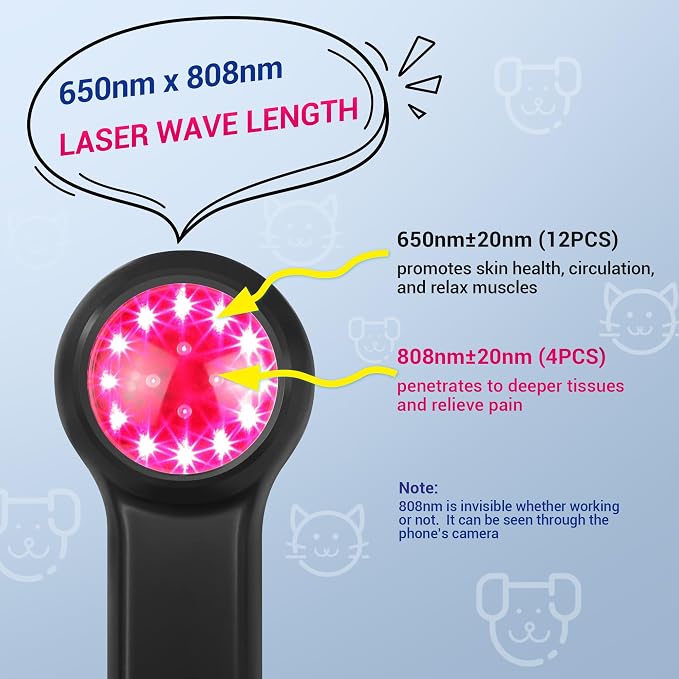 Mibest Cold Laser Therapy Device for Vet - Red Light Therapy for Dogs and Cats - Infrared Light Therapy Targets Joint and Muscles - Pain Relief, Arthritis, Spinal, Wound Healing (4x808nm + 12x650nm)