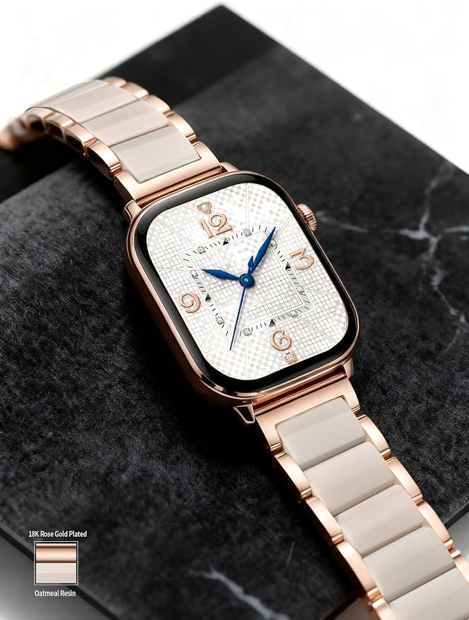 V.R.HOPE Apple Watch Band for Women 42mm 44mm 45mm 46mm 49mm Fashion Rose Gold Stainless Steel Metal Strap with Resin Inlay, Fashion Bracelet Compatible with iWatch Series Ultra3/11/10/9/8/7/6/SE (Oatmeale+Rose Gold)