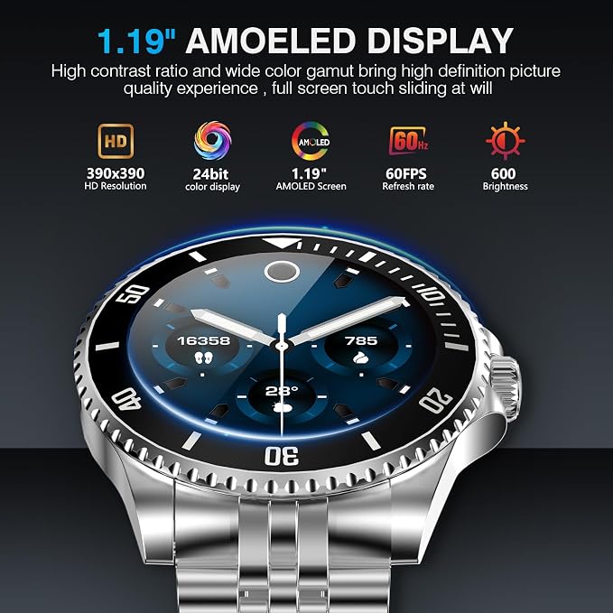 SOUYIE GPT AI Luxury Smart Watch, 24/7 Heart Rate, Blood Oxygen, Blood Pressure, Sleep Monitor, Waterproof Smartwatch, 1.19-inch AMOLED 44mm, 107 Sports Modes, Compatible Android and iOS Silver Black