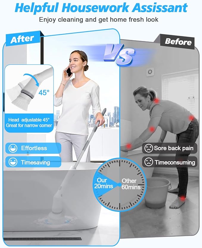 Electric Spin Scrubber Cordless,Power Scrubber Shower Cleaning Brush 400rpm,Bathroom Scrubber with 6 Replaceable Drill Brush Head, Adjustable Long Handle IPX6 for Clean Tile Tub Grout Toilet Car