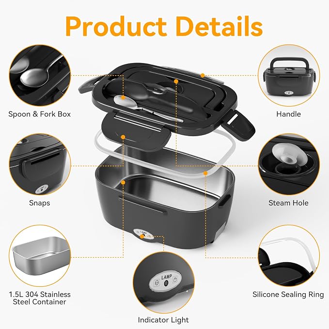 Vingud Electric Lunch Box for Adults, Heated Lunch Box Food Warmer, 80W Portable Heating Lunchbox for Men/Car/Truck with 1.5L Stainless Steel Container, 12V/24V/110V Lonchera Eléctrica Portátil Gift