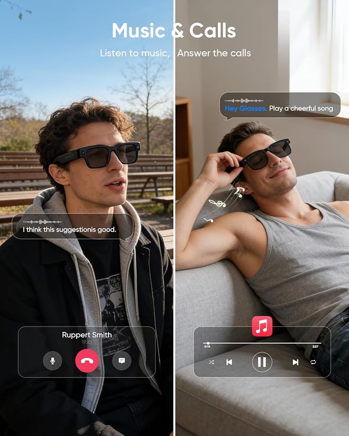 CJkao Smart Glasses with Camera, HD Camera Glasses, Video Recording, Voice Assistant Control Bluetooth Music ai Glasses for Teenager Men Women (G2-Black)