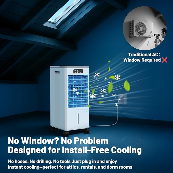 Portable Evaporative Air Cooler, Quiet Windowless Swamp Cooler with 4 Ice Packs, 2 Gallon Water Tank, Remote Control, 4 Modes & 3 Speeds, Oscillating Cooling Fan for Bedroom, Living Room and Office