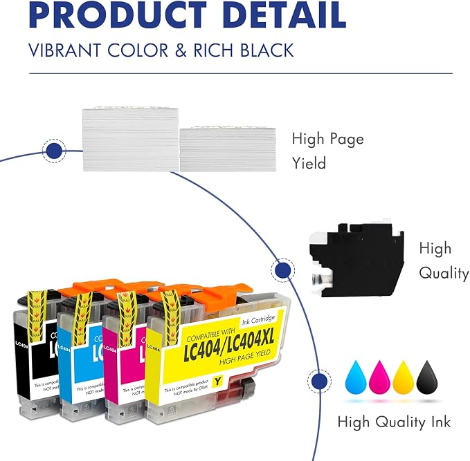 LC404 MFC-J1205W Ink Cartridges for Brother Printer LC404XL 404XL LC 404 XL Ink for MFC-J1205W MFC-J1215W MFC J1205W J1215W Printer (4 Pack, Black Cyan Magenta Yellow)