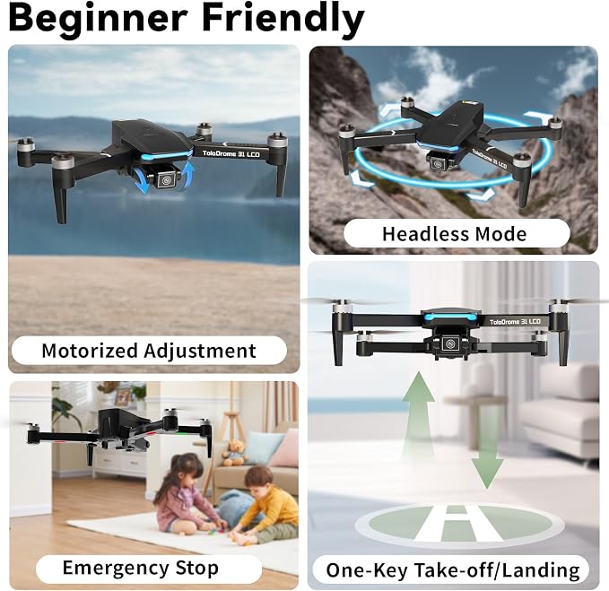 Toladrone TD31LCD Drone with Camera for Adults, Drones with LCD Screen Remote Control, Real-time Transmission, Brushless Motor, Fine Tuning Function, Headless Mode, Foldable Drone for Beginners