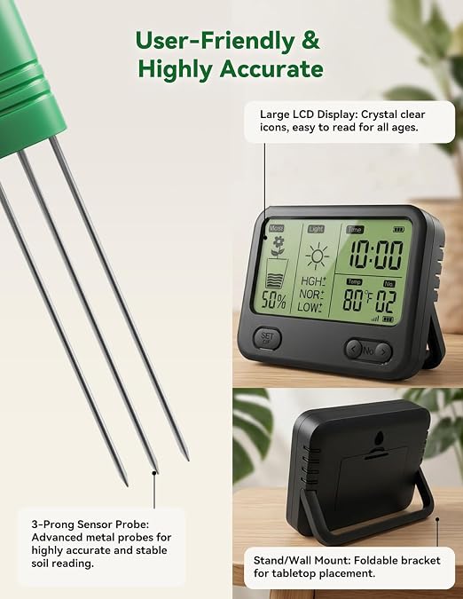 Nexuslab Wireless Soil Moisture Meter with LCD Receiver – 3‑Probe 3‑in‑1 Sensor (Moisture, Temperature, Light), 230 ft RF Range, Waterproof, Long Battery Life for Indoor/Outdoor Plants and Gardens