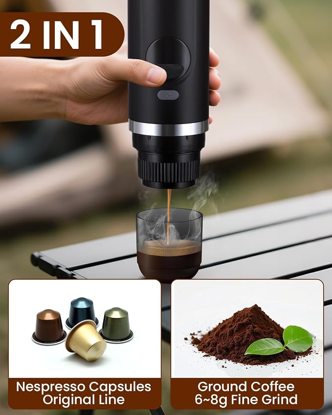 Portable Travel Espresso Maker, 20-Bar Camping Espresso Coffee Machine for Travel Car, Electric Self-Heating with USB Battery Operated,Rechargable,Ground Coffee& Capsule Compatible,80 ml Cup,Black