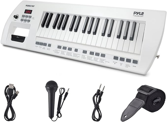 Pyle 37 Key Portable Piano Keyboard, Compact Electronic Piano with Built-in Speakers, Wired Mic, Rechargeable Battery & Strap, Digital Musical Keyboard for Beginners, Travel, and Karaoke Fun