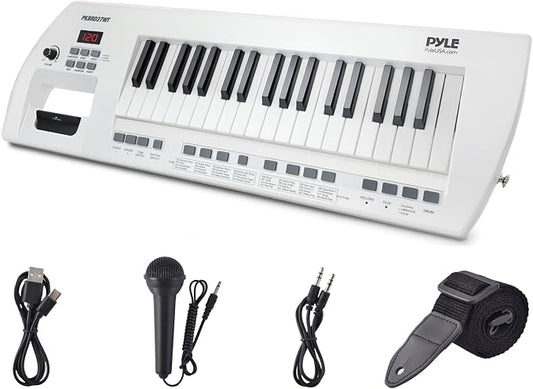 Pyle 37 Key Portable Piano Keyboard, Compact Electronic Piano with Built-in Speakers, Wired Mic, Rechargeable Battery & Strap, Digital Musical Keyboard for Beginners, Travel, and Karaoke Fun
