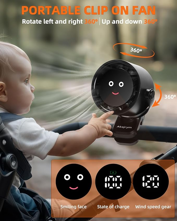 Akejrym Clip on Fan for Bed, Portable Fan for Travel, 360° Rotate Battery Operated Personal Fan, Digital display, stroller fan with 5 Speeds, For Home Office Stroller Camping - Black