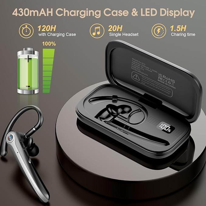 Bluetooth Headset, Wireless Bluetooth Earpiece with ENC Noise Canceling Mic | ENC Noise Canceling Mic, 120Hrs Talk Single-Ear Headphones, LED Display, IPX7, V5.4 Hand-Free Earphone