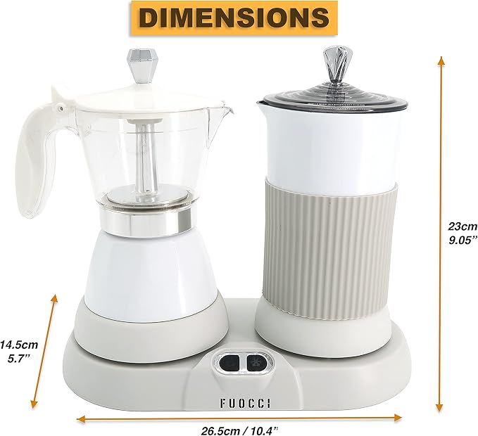 FUOCCI Electric Moka Pot with Milk Frother – 3-Cup (150 ml) Modern Espresso Maker for Coffee, Cappuccino, Latte, Mocha & Cuban, White
