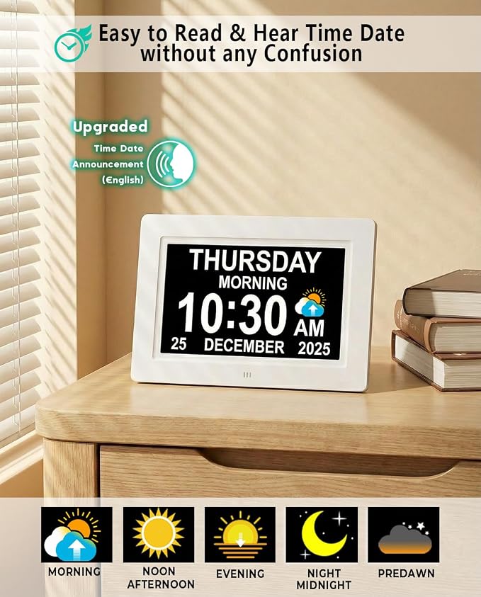 MASSII Dementia Clock with Date Time Voice Announcement, 27 Alarms Custom Reminders, Sleep Trainer, Auto DST, 10 Levels Night Dimmer, Large Talking Digital Calendar Clock for Elderly with 1.5M Adaptor