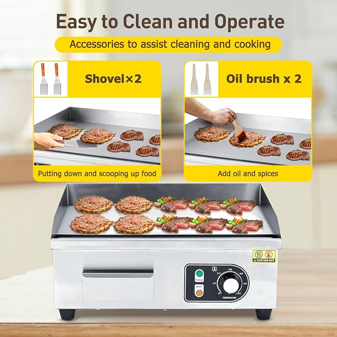 Takywep 14 inch Commercial Electric Griddle, 1500W Countertop Griddle, Non-Stick Restaurant 110V Teppanyaki Flat Top Grill Stainless Steel Adjustable Temperature Control 122°F-572°F (with PLUG)