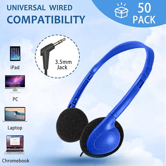 50 Pack Bulk Headphones for Classroom Kids Student School, Wired On-Ear Headphones for Chromebook Laptop Computer, Bulk Wholesale, HQ Stereo Sound 3.5mm Jack(Blue)