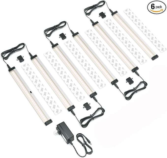 EShine Hand Wave Activated Under Cabinet LED Lighting Kit, Dimmable, 6-Pack 12 in - Touchless Dimming Control, Black Under Counter Lights for Kitchen, Garage, Office, Shelf - Warm White (3000K)