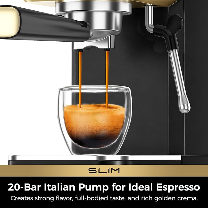 CHULUX Slim Espresso Machine with Milk Frother, 20 Bar Professional Italian Pump Espresso Coffee Machine for Home Cappuccino & Latte Maker, Stainless Steel, Black and Gold