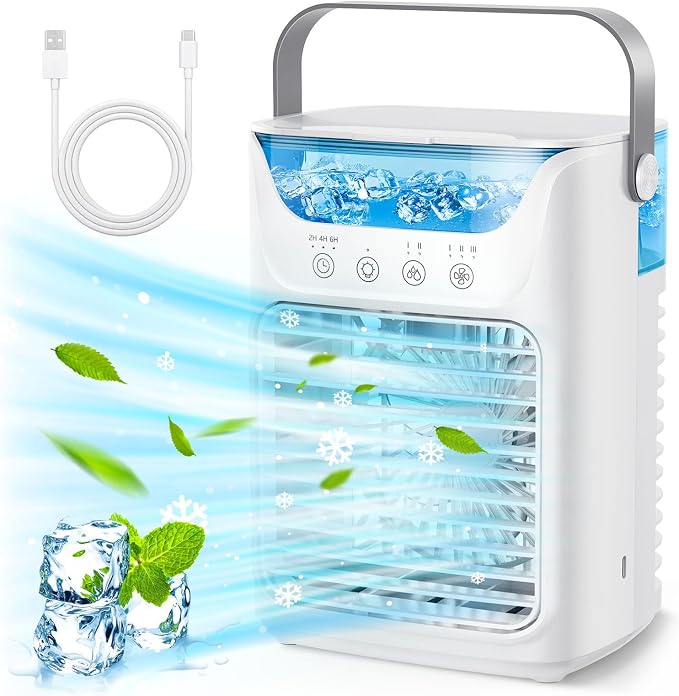 Air Conditioner Fan, 700ML USB Powered Automatic Timing Portable Air Cooler Humidifier, 3 Wind Speeds, with 7 Color Night Light, for Home Office Outdoor Camping Vacation