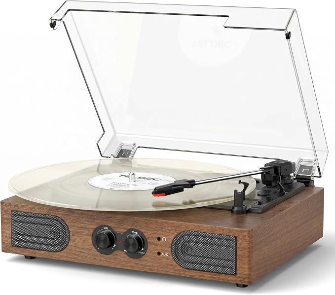 Vinyl Record Player with Built-in Stereo Speakers, 3-Speed Belt-Drive Turntable, Treble & Bass Control, RCA-Out/AUX-in, 3.5mm Headphone Jack—Vintage LP Player for Home & Gifts, Walnut