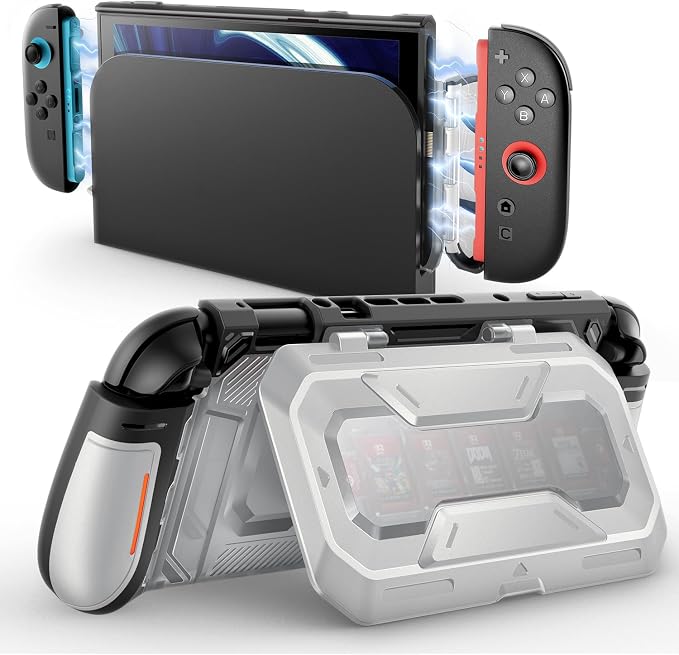 Mumba Dockable for Nintendo Switch 2 Case with Flip Stand, [Titan] Ergonomic Switch 2 Grip Protective Cover Holds 5 Game Cards & 2 TF Cards TPU Accessories and Quick-Release Joy-Con Design (Silver)