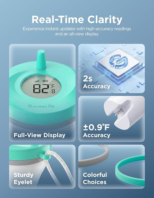 GoveeLife Smart Wireless Pool Thermometer P2, with App Easy Read, Cyan | Digital Pool Thermometer Floating, Upgraded IP68 Waterproof, 1082ft Range, APP/Buzzer/Email Alarm, for Swimming Pool/SPA/Pond