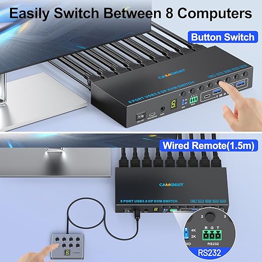 8 Port Displayport KVM Switch 4K@60Hz EDID Simulation, USB3.0 KVM Switch Displayport for 8 Computers Share 1 Monitor and 4 USB Devices,KVM Switches with Audio RS232 Wied Remote 12V Power and USB Cable