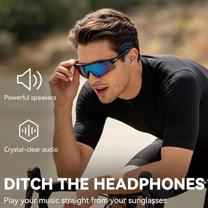 Bluetooth Smart Sunglasses for Men Women, Open-Ear Speaker Glasses with Touch Control, UV400 Polarized Lens, 5-6H Playtime for Outdoor Sports,Black and Blue