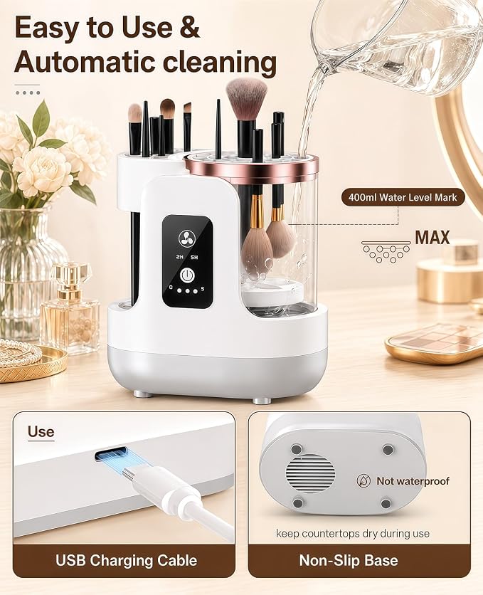 Electric Makeup Brush Cleaner Machine, 3-in-1 Cleaner Dryer and Storage, One-Touch USB Washer with 2H or 5H Drying Modes for Most Cosmetic Brushes