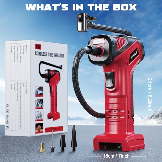 Tire Inflator Portable Air Compressor Compatible With Milwaukee 18V Battery, LIVOWALNY 150PSI Air Pump Cordless Tire Pump Digital Pressure Gauge, Tire Inflator for Car, Bike, Motorcycle (Tool Only)