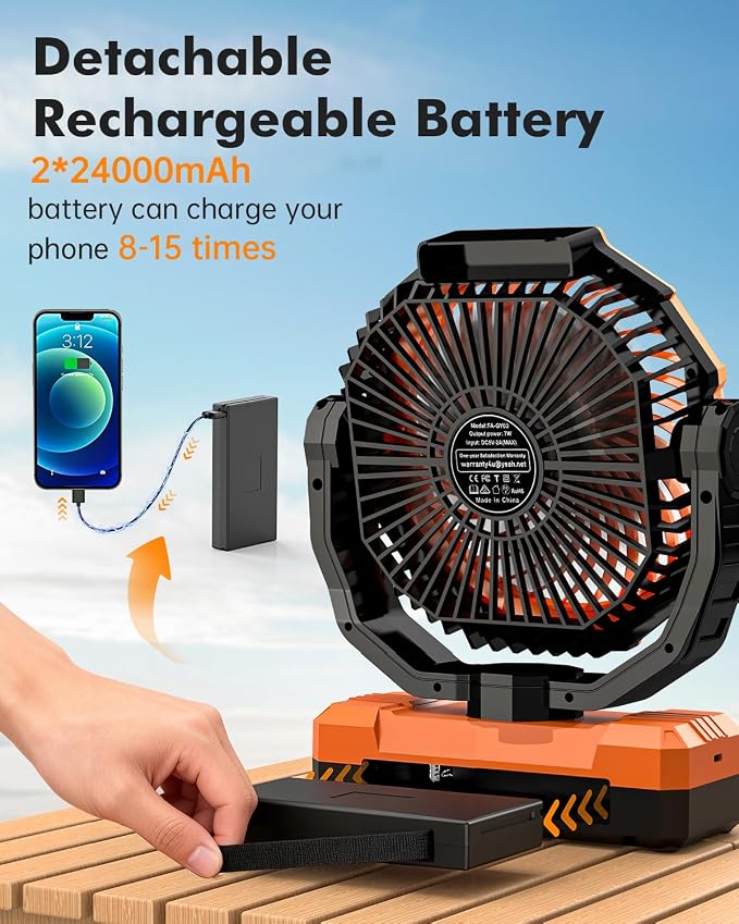 3-in-1 Camping Fan - 48000mAh Detachable Portable Fan Rechargeable with Light & Hook, Battery Powered Fans for Outdoor, Indoor, Tent, Fishing, Travel, Hurricane, Summer Gifts for Men - Orange