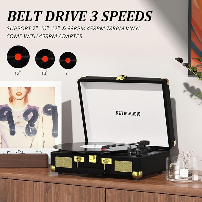 Vinyl Record Player 3-Speed Bluetooth Portable Suitcase Belt-Driven Record Player with 2 Built-in Stereo Speakers Vinyl Vintage Turntable Phonograph Records Player with RCA Line Out, AUX Out