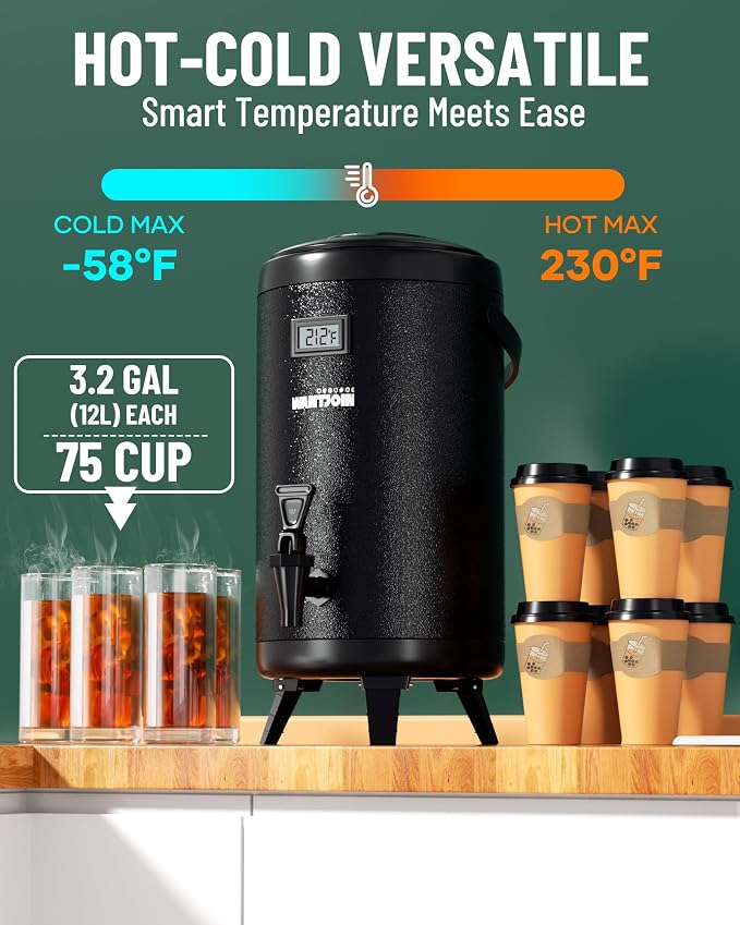 WantJoin Insulated Beverage Dispenser - 1-pack Thermal Hot and Cold Drink Dispenser with Spigot, Stainless Steel Premium 12 L/3.2 Gallon for Coffee & Hot tea,Cold Milk,Water,Juice (Black)