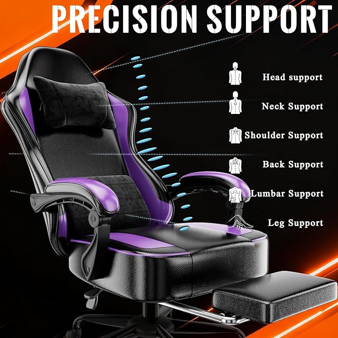 Gaming Chair with Pocket Spring Cushion and Footrest, Ergonomic Computer Chair for Adults, Breathable PU Leather Game Chair, Adjustable Headrest and Lumbar Support Office Desk Chair