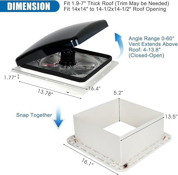 RV Roof Vent Fan with LED Light, 12V DC 14" Super Quiet Reliable Manual RV Roof Fan, 3-Speed, Reversible