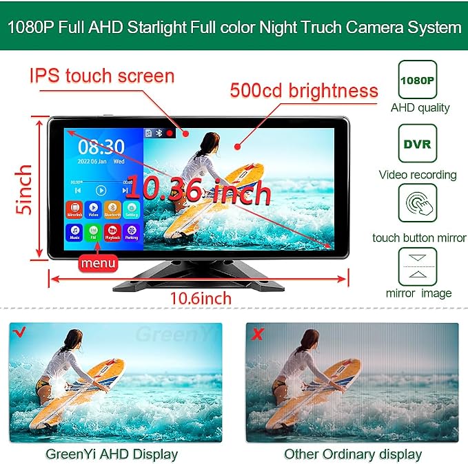 EVERSECU Car Backup Cameras System with 4K 10.36" Touch Screen Quad Display Monitor & 4pcs 1080P Backup AHD Cameras, MP5 Player, Vehicle DVR Recorder for RV/Truck/Bus/Trailer/Camper/Van