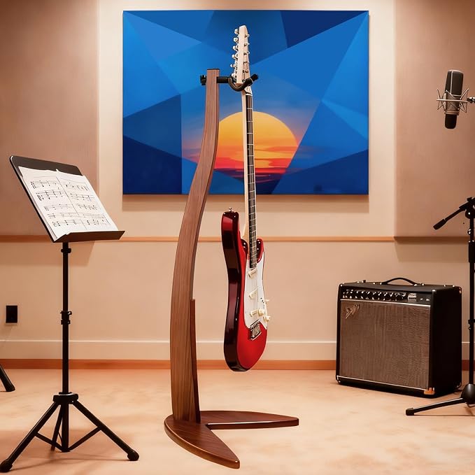 MUSO Guitar Bass Hanger Stand, Solid Wood Bow Holder Mermaid Shaped for Display and Storage, 42 inches Height Anti-scratched and Anti-bump, Deorate Studios, Living room and Stage (Black Walnut, 1)