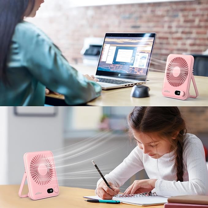 WHATOOK Desk Fan 2 Pack: 100 Speeds Stepless Control 2000mAh Battery Operated Portable Fan, Rechargeable Table Fan for Cruise Ship Essentials, Gift for Couples, Dorm, Office, Bedroom(Pink and Purple)
