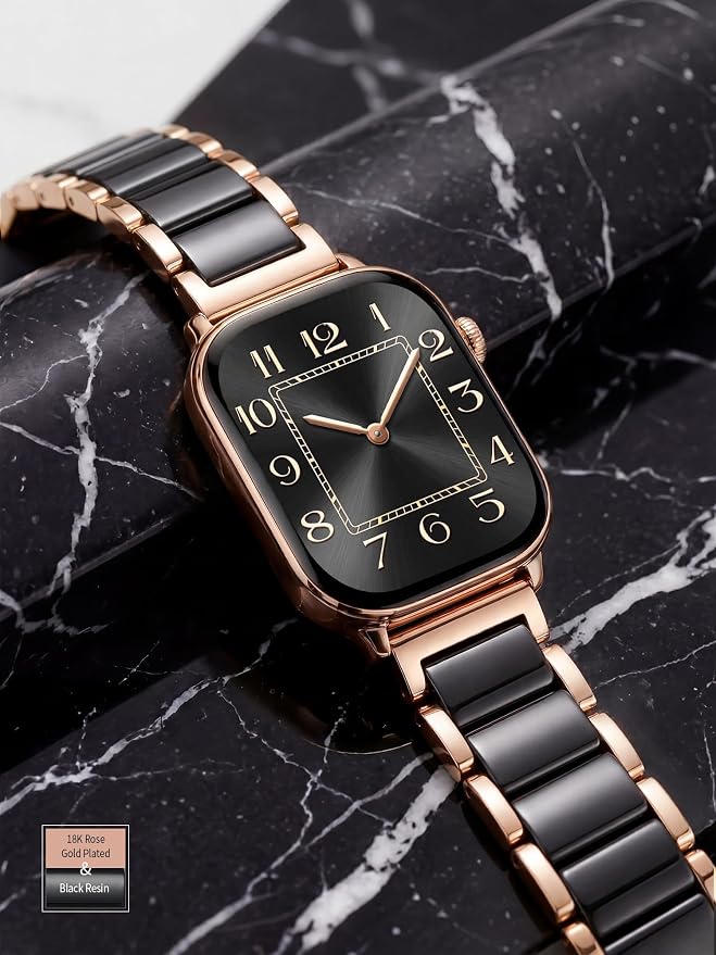 V.R.HOPE Apple Watch Band for Women 38mm 40mm 41mm 42mm Fashion Rose Gold Stainless Steel Metal Strap with Resin Inlay, Fashion Bracelet Compatible with iWatch Series 11/10/9/8/7/6/5/4/3/2/1/SE (Black+Rose Gold)
